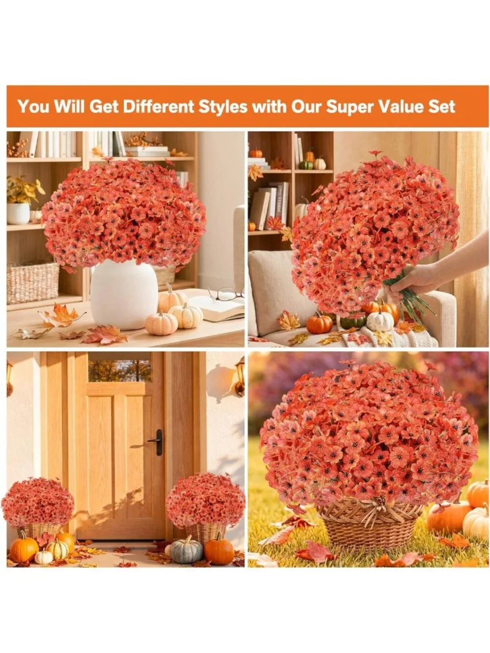 60 Pack Artificial Fall Mums Flowers - Vibrant Orange Decor for Home & Garden